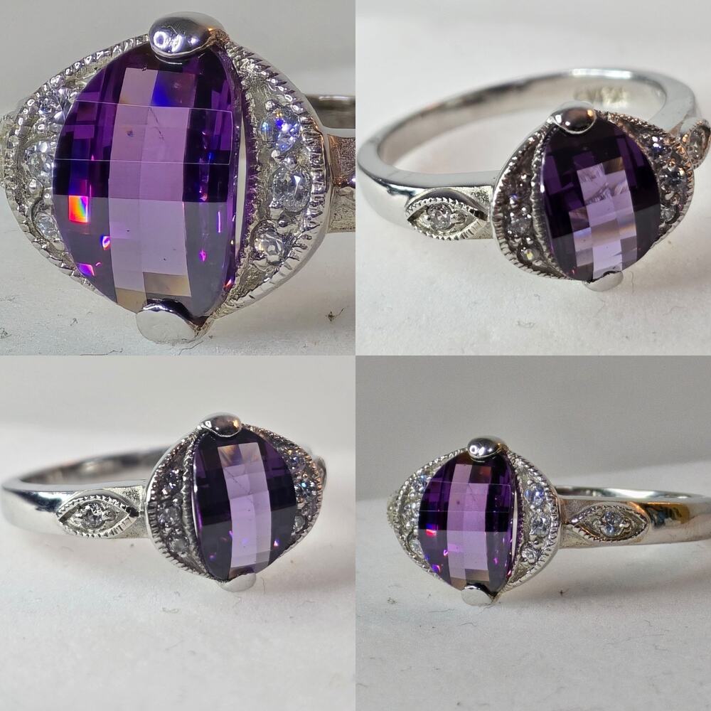 Vintage Style Amethyst & CZ Ring Pixel Cut Art Deco Silver - Plated Size 6 - 10